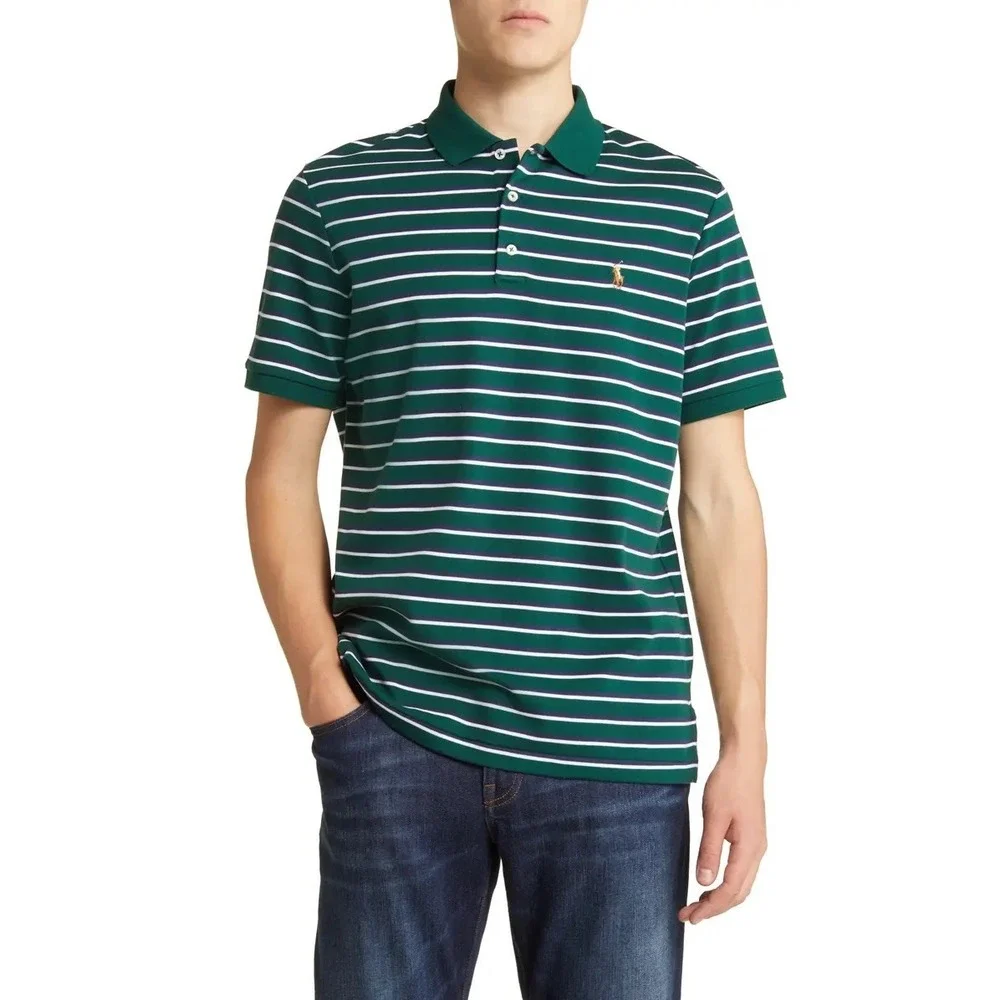 Polo Ralph Lauren Mens Green White Striped Short Sleeve Cotton Mesh Polo Shirt